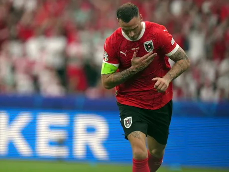 Marko Arnautovič oslavuje gól v zápase Rakúsko - Poľsko na EURO 2024.