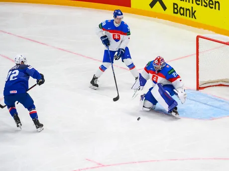 Samuel Hlavaj a Jordann Perret v zápase Slovensko - Francúzsko na MS v hokeji 2025. 