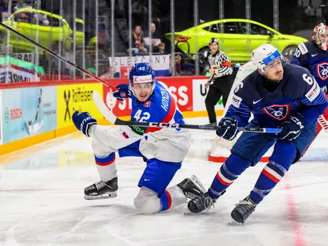 Samuel Honzek a Vincent Llorca v zápase Slovensko - Francúzsko na MS v hokeji 2025.