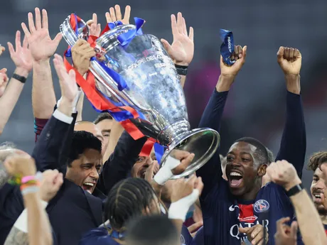 PSG President Nasser Al-Khelaifi lisfts the trophy after the Champions League final soccer match between Paris Saint-Germain and Inter Milan at the Allianz Arena in Munich, Germany, Saturday, May 31, 2025. (AP Photo/Alexandra Beier)

- XCHAMPIONSLEAGUEX