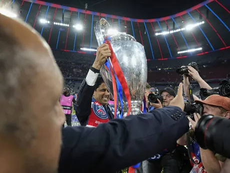 PSG president Nasser Al-Khelaifi holds the Champions League trophy after their win in the final soccer match against Inter Milan at the Allianz Arena in Munich, Germany, Saturday, May 31, 2025. (AP Photo/Martin Meissner)

- XCHAMPIONSLEAGUEX